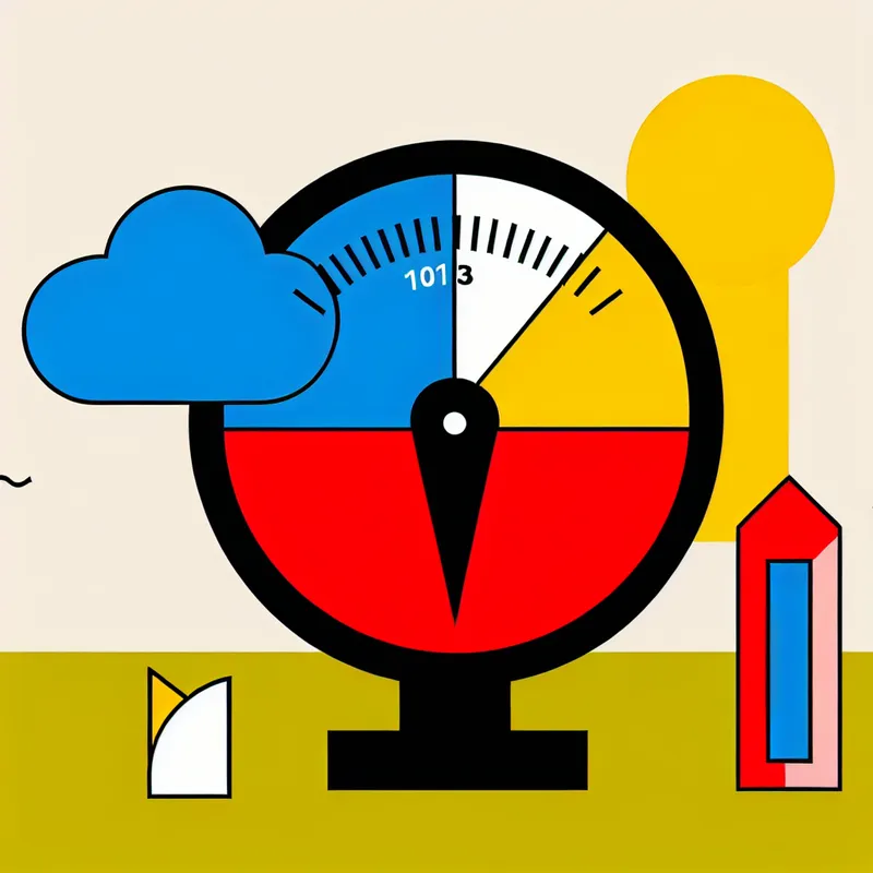 Minimalistische illustratie van een barometer met een luchtdrukmeting van 1013 bar, omringd door vereenvoudigde weersymbolen zoals wolken en een zon
