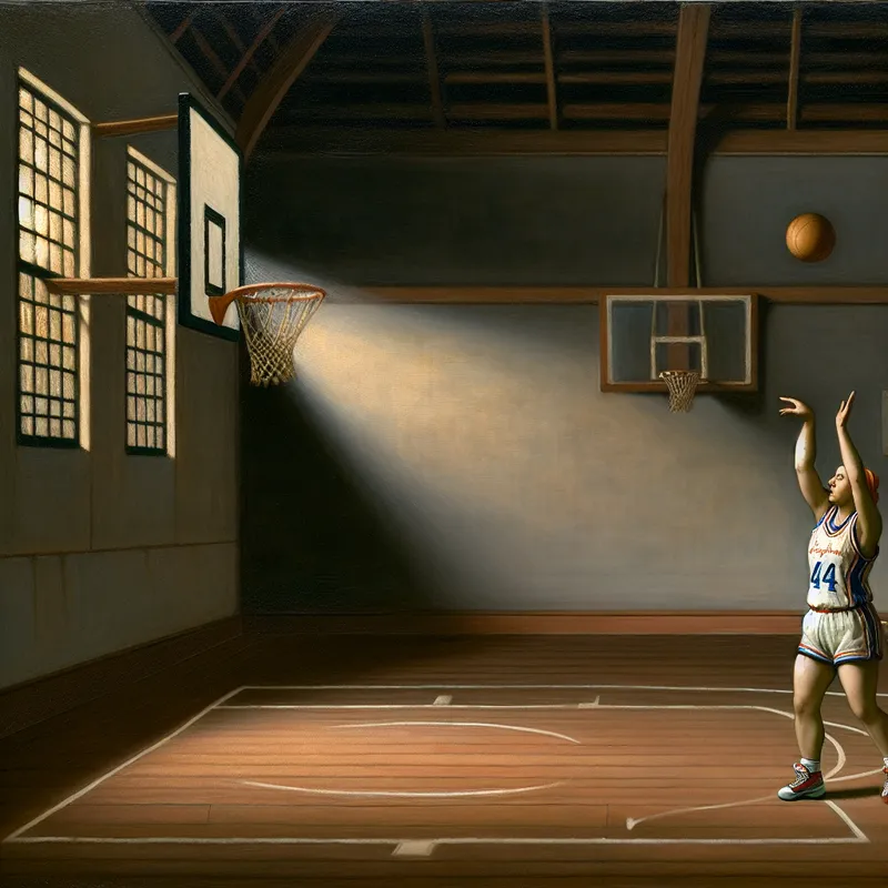 Basketbalspeler in stilstaand moment tijdens driepuntsworp in Vermeer-stijl, met focus op poging om doel te raken