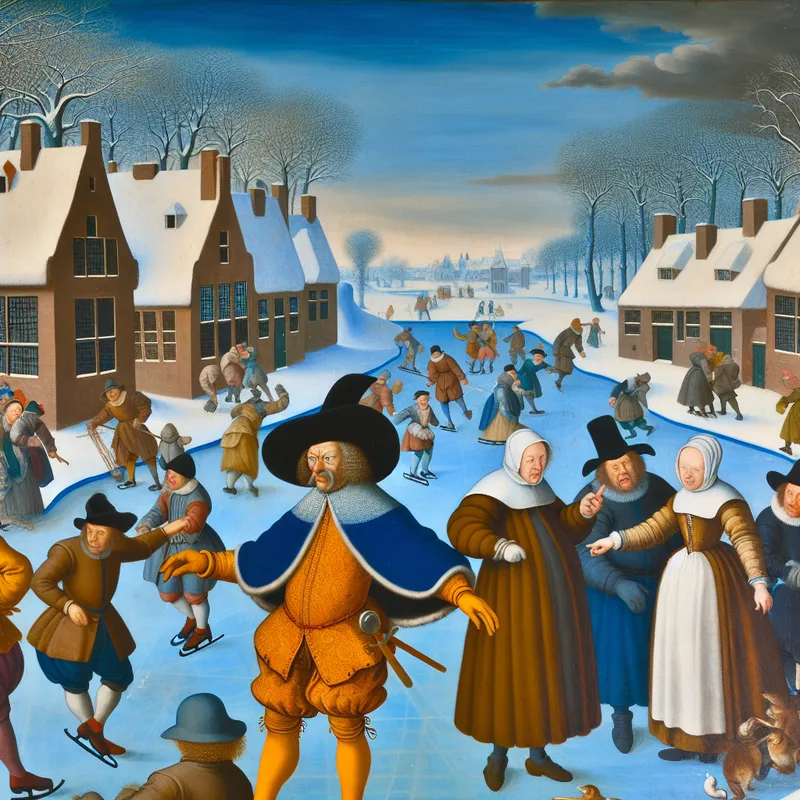 17e-eeuwse Nederlandse winterscène met een bazige figuur die een groep mensen commandeert op een bevroren kanaal