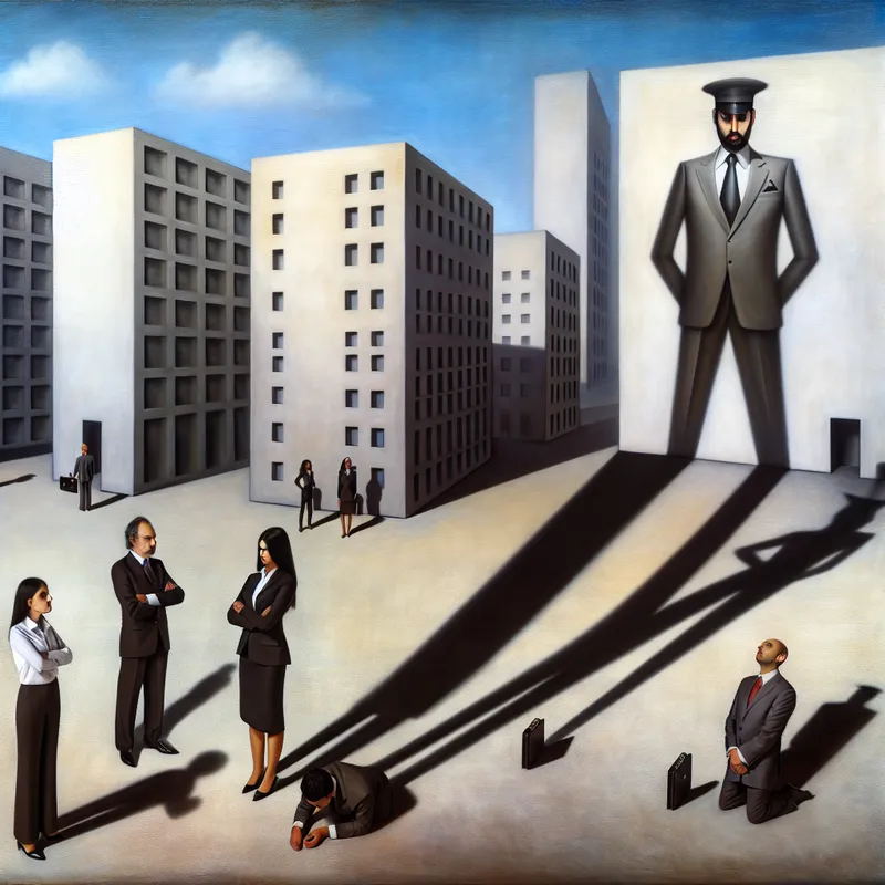 Surrealistische kantoorscène met een bazige leidinggevende die autoritair boven collega's uittorent, hyperrealistisch in de stijl van Carel Willink