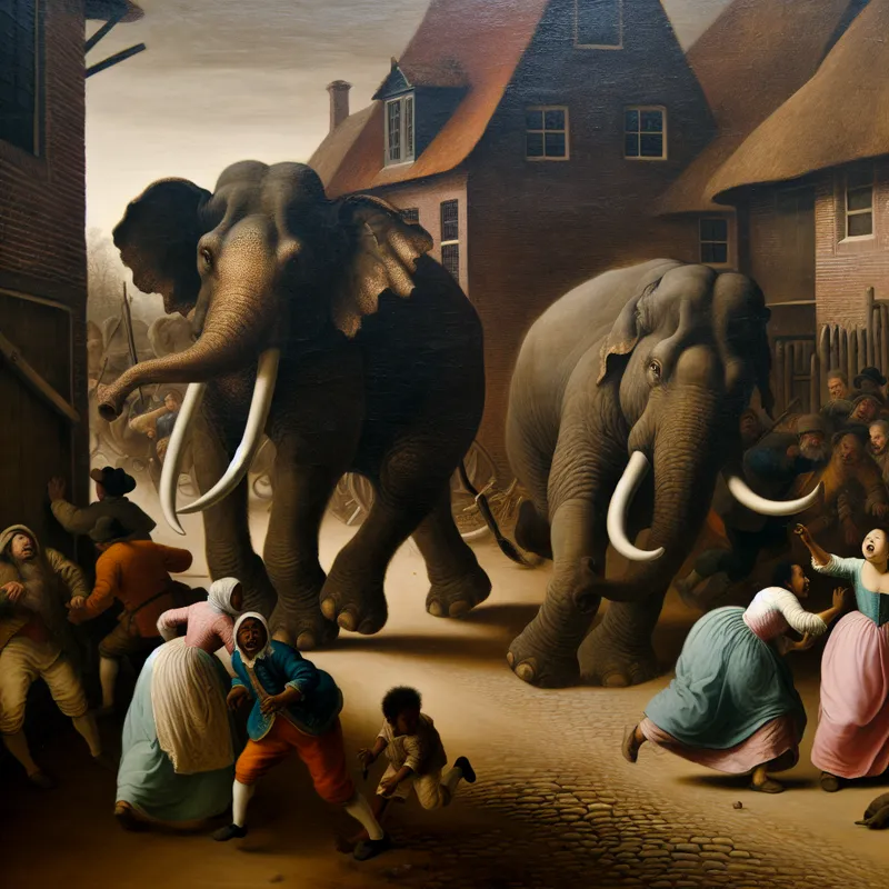 Gedetailleerde 17e-eeuwse Nederlandse dorpsscène met een op hol geslagen olifant die paniek zaait onder de inwoners, illustrerend het concept bedreiging