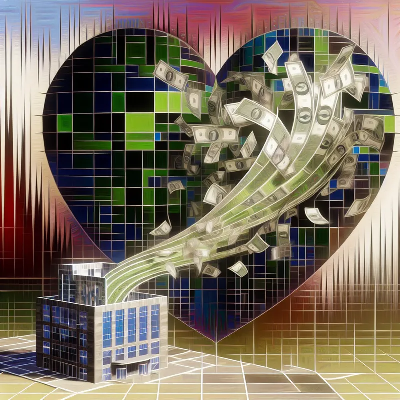 Een modern gebouw dat geld uitdeelt aan een grote hartvorm, vol met diverse mensen en projecten, in een surrealistische en geometrische stijl.