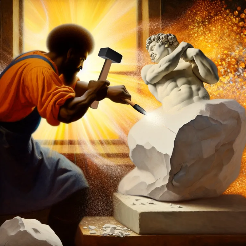 Een beeldhouwer die geconcentreerd een groot blok marmer bewerkt, met een prachtig beeld dat tevoorschijn komt.