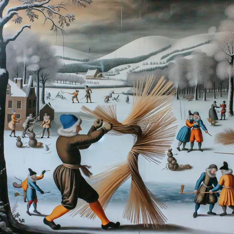 Een winterlandschap met een beeldhouwer die een sculptuur van fijne vezels maakt, omringd door mensen die schaatsen en sneeuwpoppen bouwen.