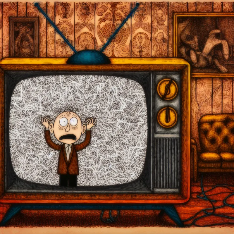 Vintage televisie uit de jaren 70 met witte ruis of sneeuwbeeld, omringd door een gefrustreerd persoon in een nostalgische woonkamer in de stijl van Marten Toonder