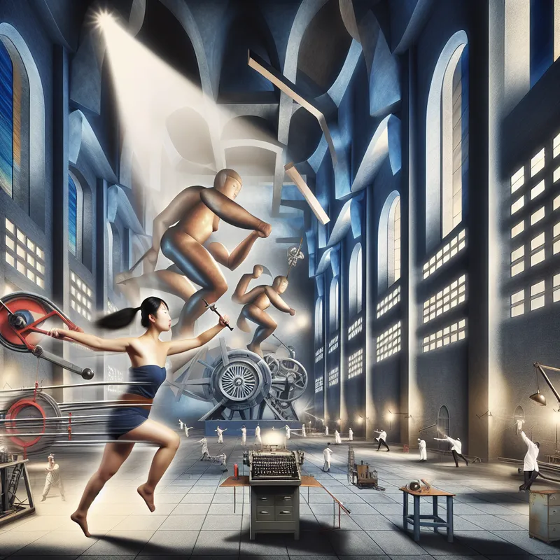 Hyperrealistisch surrealistisch tafereel van een vastberaden persoon in een industriële werkruimte, omringd door zwevende gereedschappen en een etherische gloed, symboliserend onvermoeibare inzet en kracht