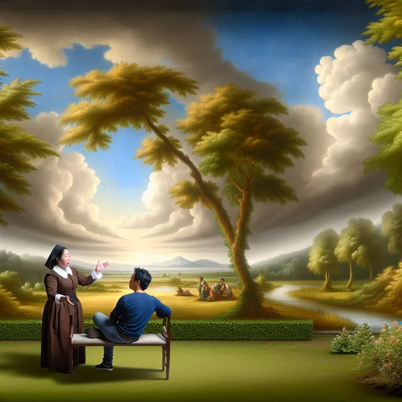 Een persoon zit op een bank in een groen park terwijl hij met een coach in gesprek is, die naar de horizon wijst.