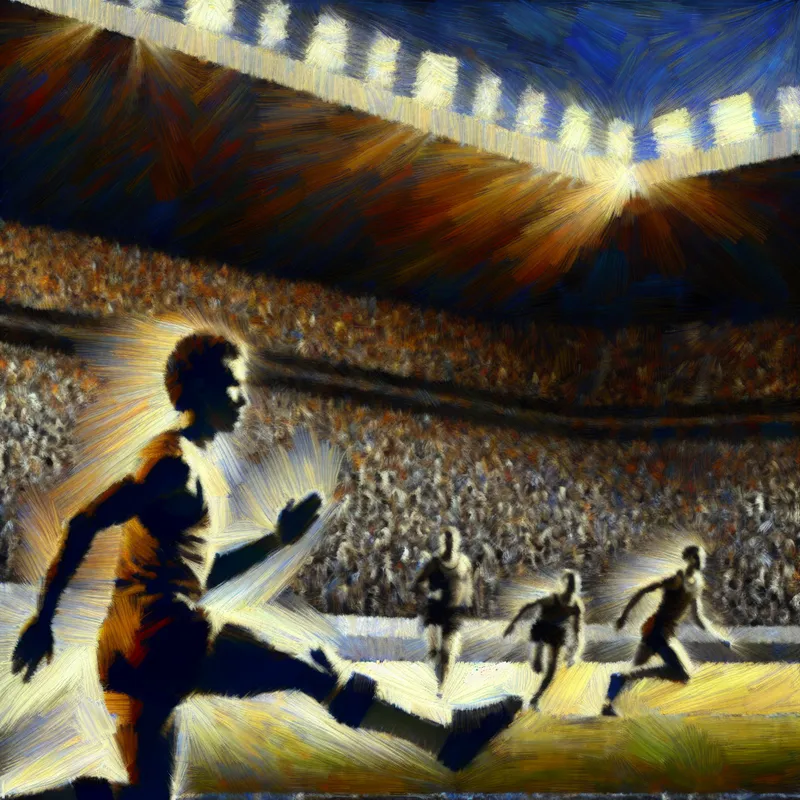 Atleten in een stadion bij het begin van een sportwedstrijd in de stijl van Rembrandt met dramatisch licht en schaduw