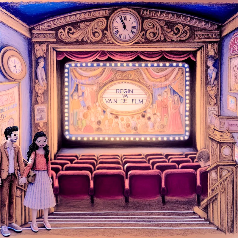 Een jong stel wacht hand in hand voor een grote filmprojectie met de woorden 'Begin van de Film' in een vintage bioscoop met sprookjesachtige versieringen.