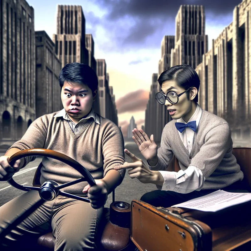 Beginner autorijles met een nerveuze student achter het stuur van een oude auto en een kalme instructeur die wijst naar een parkeerplaats in een stedelijke omgeving.