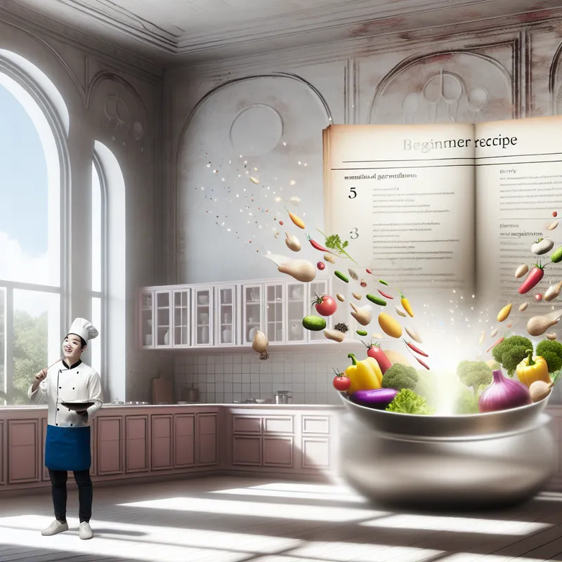 Een hyper-realistisch tafereel van een luchtige keuken met een blije beginnende chef die een eenvoudig recept volgt, omringd door kleurrijke groenten en kruiden.
