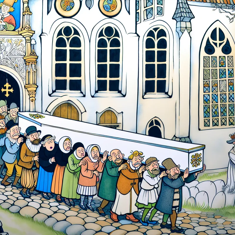 Cartoonachtige begrafenisscène met een witte kist die door familieleden uit een kerk wordt gedragen, in de stijl van Marten Toonder