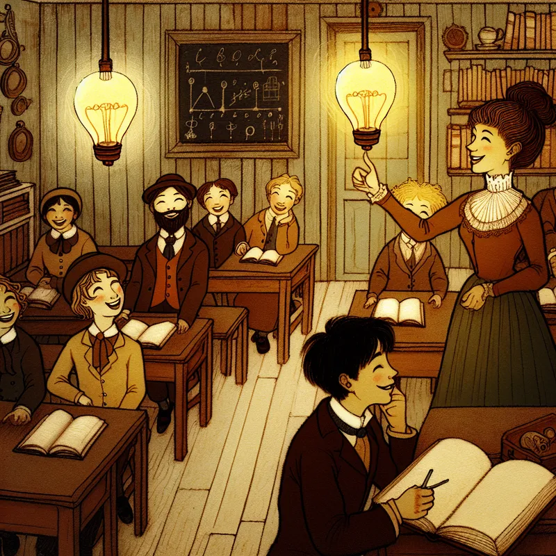Vintage klaslokaal met leerlingen die aandachtig luisteren naar de uitleg van een docent, een lichtbol boven het hoofd van een begrijpende leerling
