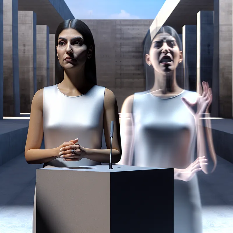 Surrealistische voorstelling van een vrouw die zich emotioneel inhoudt tijdens een debat, met een transparante schaduw die haar onderdrukte emoties symboliseert