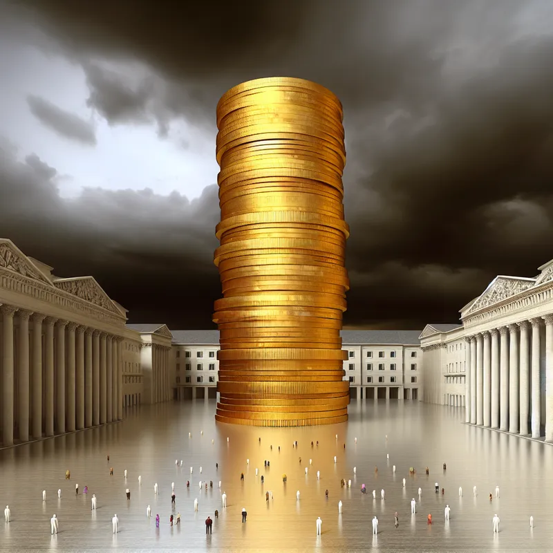 Surrealistisch stadsplein met een gigantische toren van gouden munten die een aanzienlijke hoeveelheid rijkdom symboliseert, omringd door kleine figuren