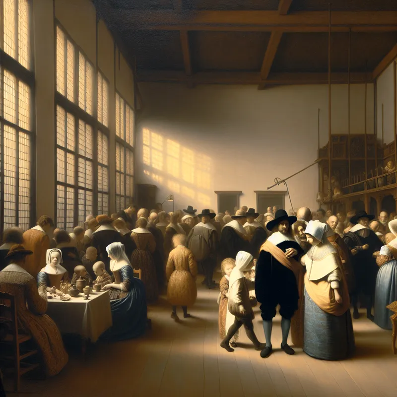 Gedetailleerde Vermeer-achtige scène van een elegante bijeenkomst met een behoorlijke hoeveelheid mensen in een zacht verlichte kamer