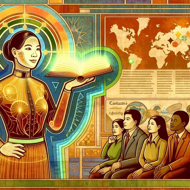 Retro-futuristische illustratie van een bekwame persoon die kennis deelt met een aandachtig publiek, omringd door symbolen zoals een gloeiend boek en wereldkaart