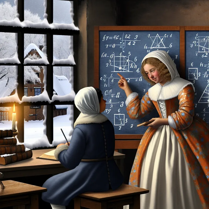 Jonge vrouw legt in een sfeervolle winterse kamer ingewikkelde wiskunde uit aan haar jongere broer of zus met een krijtbord vol formules en diagrammen