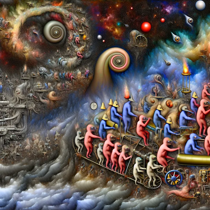 Een groep bizarre, fantasieachtige wezens die samenwerken aan een complexe taak in een duistere, surrealistische omgeving