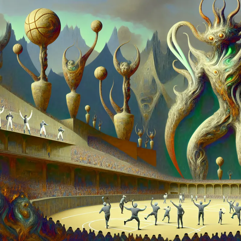 Surrealistische afbeelding van een sportarena gevuld met bizarre wezens, waarbij de nadruk ligt op het belang van winnen in de sport.