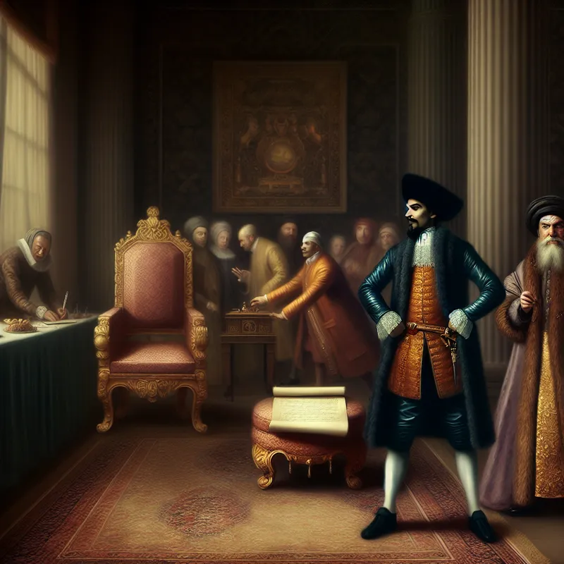 Elegant schilderij van een invloedrijke persoon in een luxueus interieur met symbolen van macht en aanzien, stijl van Gerard ter Borch