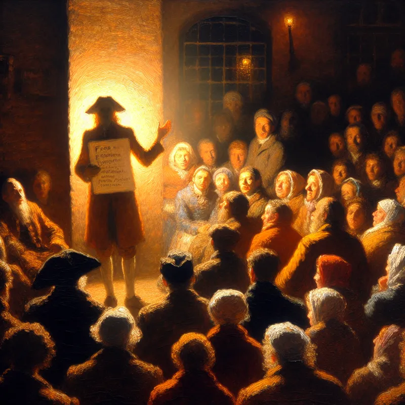 Een persoon deelt belangrijke informatie over een gemeenschapsevenement met een diverse groep luisteraars, terwijl hij een poster omhoog houdt met de tekst 'Gratis Voor Iedereen'.