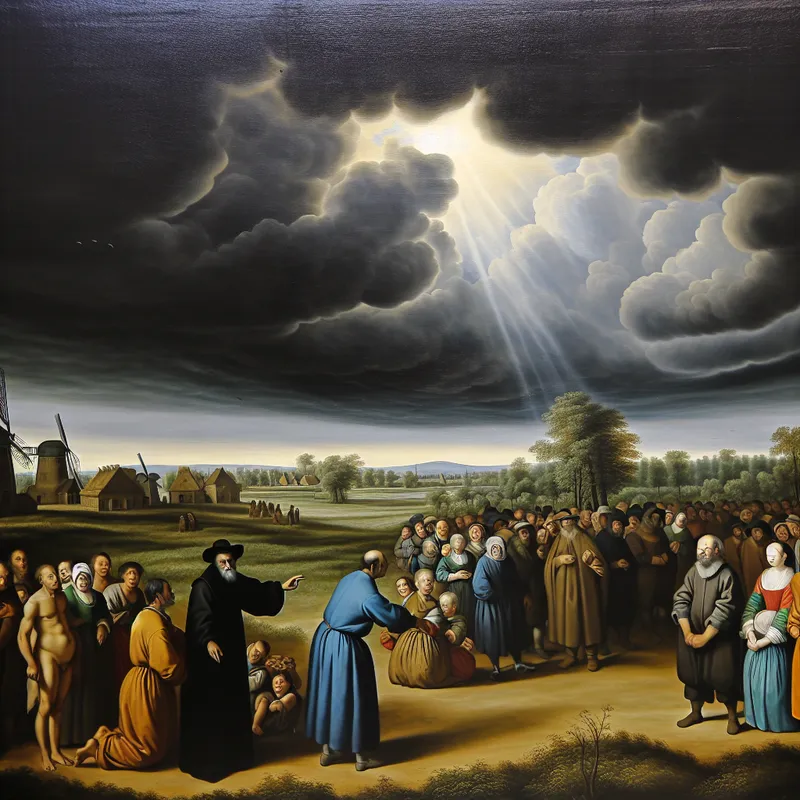 Een man wijst naar een indrukwekkende figuur in een groene veld onder donkere stormwolken.