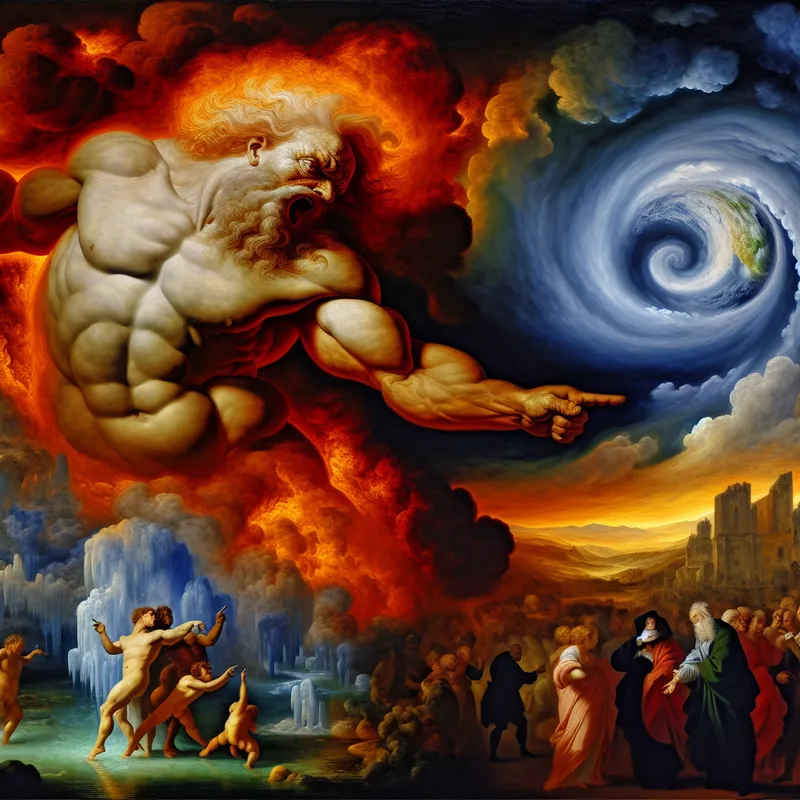 Dramatische barokke voorstelling van de aarde in nood door klimaatverandering, omringd door bezorgde mensen en symbolen van milieuproblemen