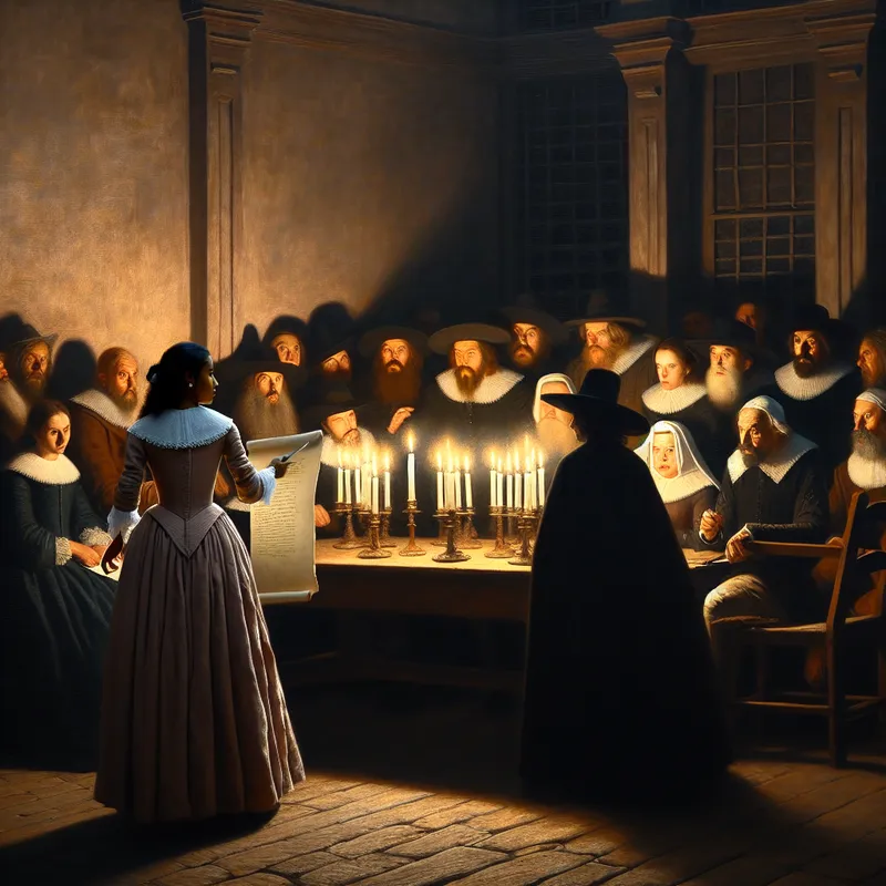 Groep mensen rond een grote houten tafel in een kaarsverlichte vergaderruimte, met een centrale figuur die belangrijke documenten toont.