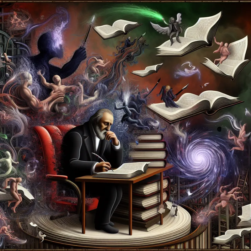 Surrealistisch tafereel van een enorme schrijver aan een bureau, omringd door tot leven gekomen boeken, pennen en pagina's