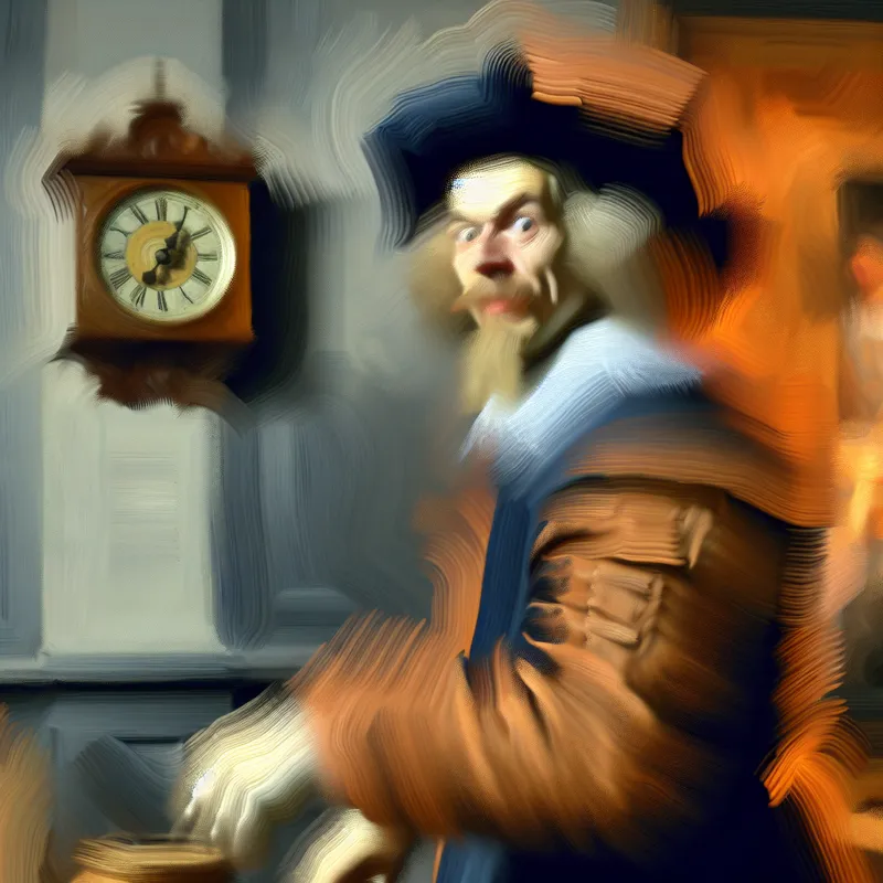 17e-eeuwse persoon in Nederlandse kleding met intense blik bij een klok, benadrukt urgentie en prioriteit