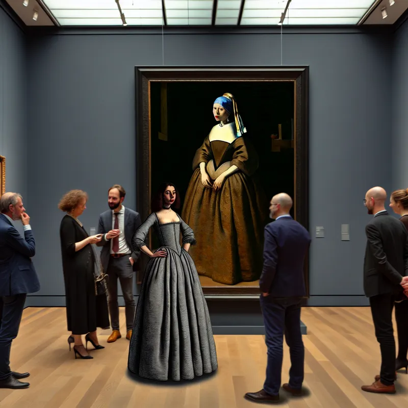 Vrouw in elegante jurk bij een beroemd schilderij tijdens een kunstexpositie