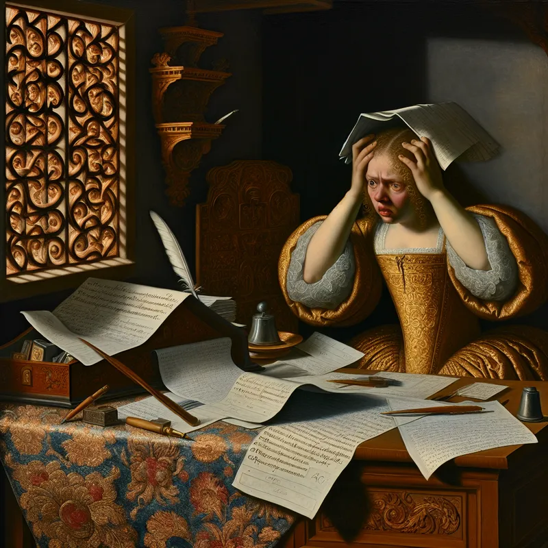 17e-eeuws schilderij van gestreste persoon aan bureau met belastingaangifte, illustratie van een groot probleem of zorg