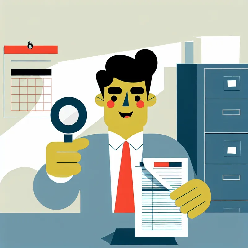 Vriendelijke belastingambtenaar bekijkt aangifteformulier met vergrootglas en potlood in minimalistische stijl