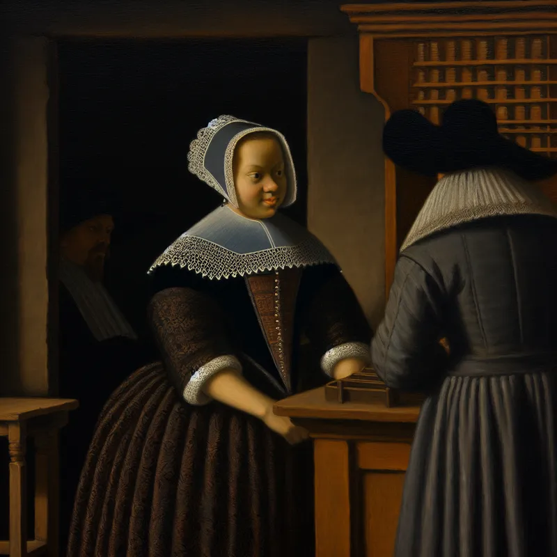 Jonge ongetrouwde vrouw in 17e-eeuws Nederlands kostuum helpt beleefd een bezoeker in een sfeervolle, door Rembrandt geïnspireerde setting met dramatisch clair-obscur