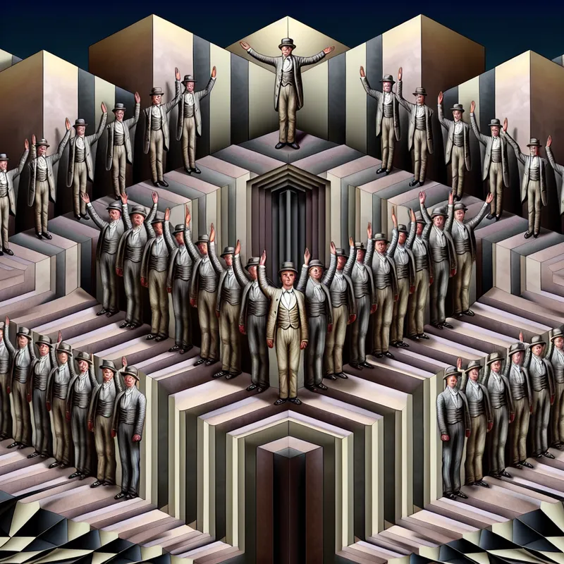 Surrealistische scène geïnspireerd op M.C. Escher met een formele groep mensen in een onmogelijke architectonische ruimte, waarin een centrale figuur beleefd het meervoud aanspreekt