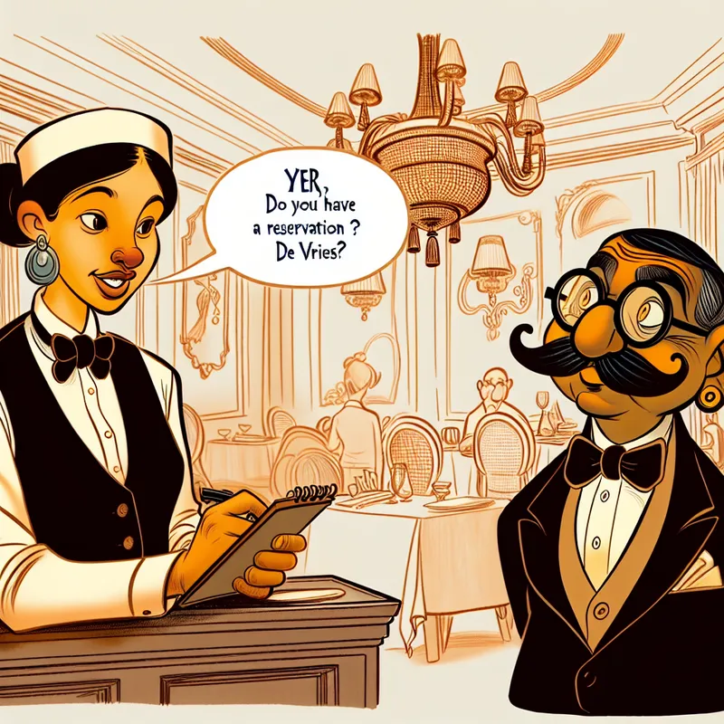 Cartoonachtige restaurantscène met een ober die vraagt of de heer een reservering heeft en de klant beleefd antwoordt met 'Jawel'