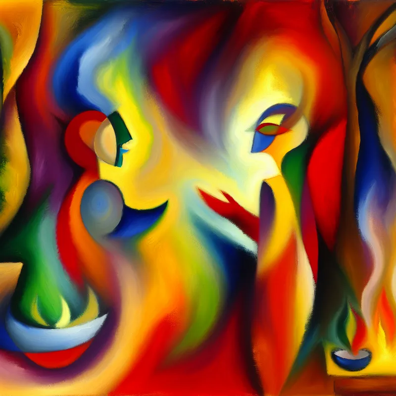 Abstracte voorstelling van twee figuren die een beleefd verzoek uitwisselen in expressieve stijl met warme kleuren