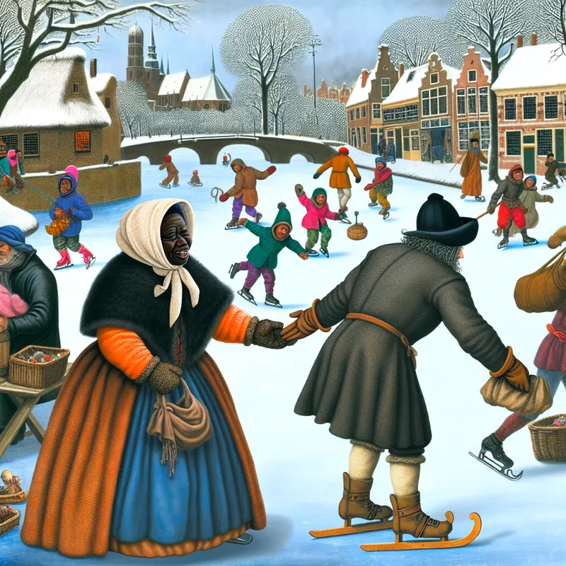 persoon in 17e-eeuwse kleding biedt hulp aan op een bevroren kanaal met schaatsers