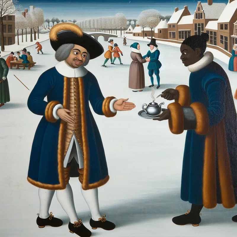 17e-eeuwse wintertafereel met een man die beleefd een kop koffie weigert van een gastheer op een bevroren kanaal, in de stijl van Hendrick Avercamp