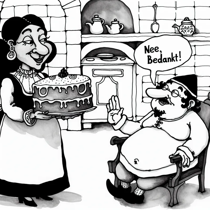 Twee cartoonfiguren in een gezellige keuken, waarbij de ene een stuk taart aanbiedt en de ander vriendelijk weigert met 'Nee, bedankt'