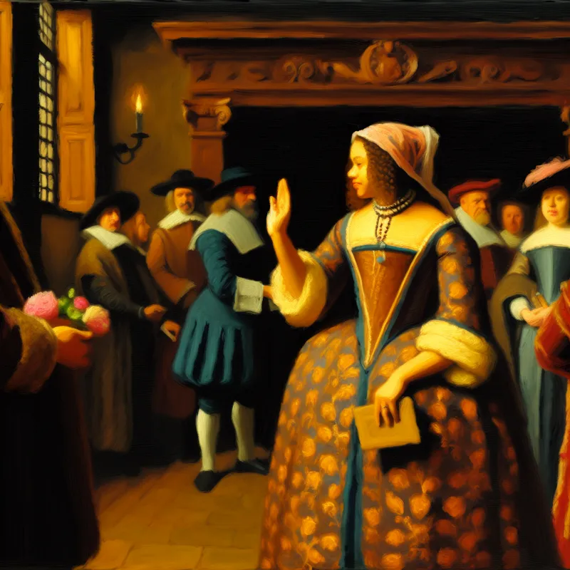 17e-eeuwse Nederlandse vrouw weigert beleefd een aanbod met een handgebaar en houdt een verzegelde brief vast in een formele setting