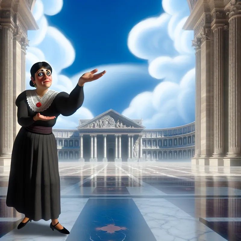 Een goed geklede persoon die beleefd om hulp vraagt in een surrealistische architecturale setting.