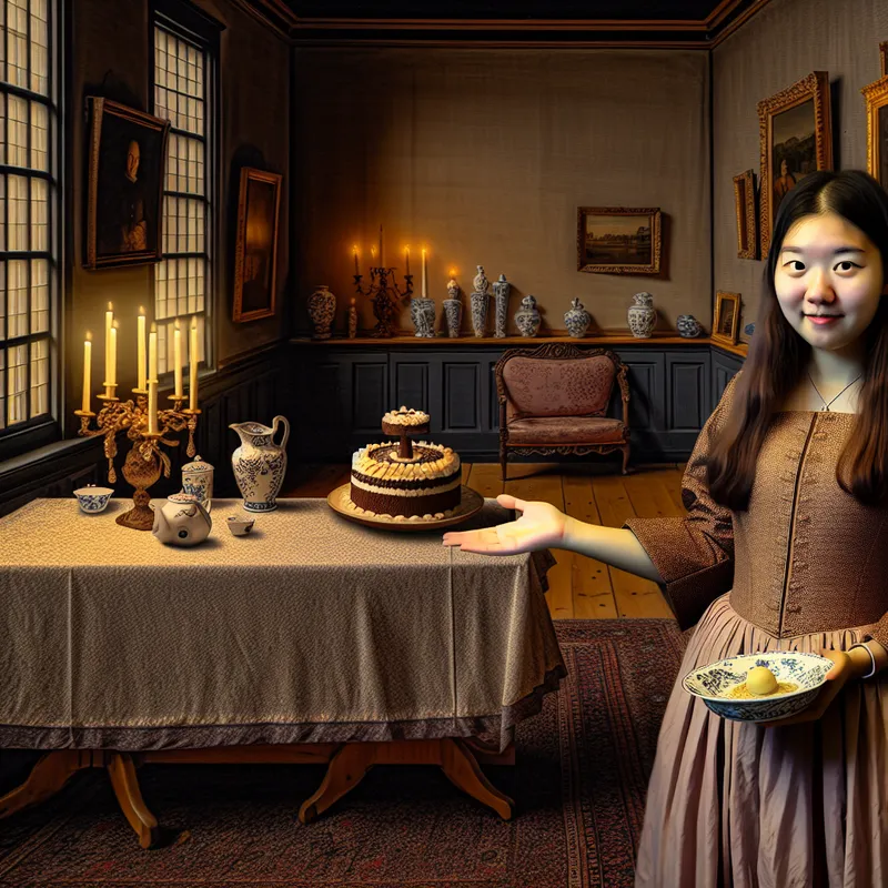 Een jong persoon in een elegante kamer vraagt beleefd om een stuk taart.