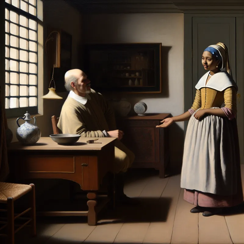 Een jonge vrouw spreekt beleefd een middelbare man aan in een sfeervol verlichte kamer