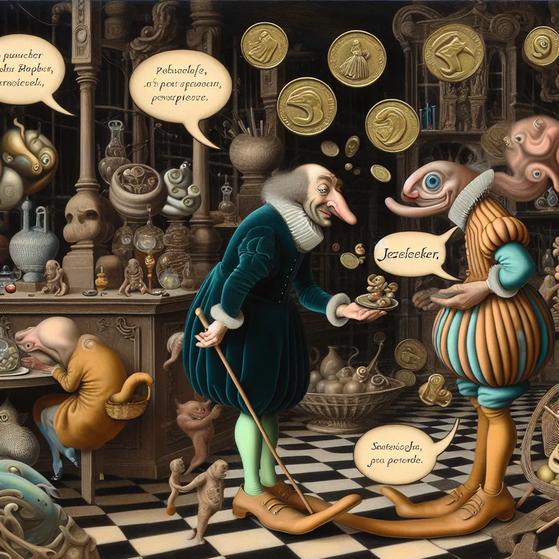 Surrealistisch tafereel van een beleefde dienstverlening in de stijl van Jheronimus Bosch, met een hoffelijke verkoper die een klant bedient te midden van bizarre hybride wezens en drijvende beleefdheidsfrases zoals 'Jazeker'
