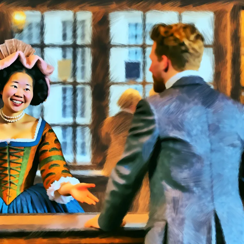 17e-eeuwse klantenservice interactie met beleefde en hoffelijke communicatie tussen een winkelmedewerkster en klant