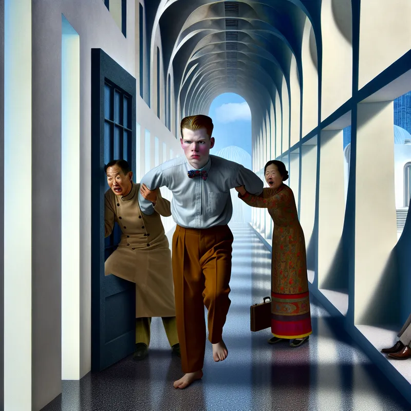 Surrealistische voorstelling van een jong persoon die wordt tegengehouden door doorzichtige handen van ouders bij een open deur, symboliserend het beletten van keuzes