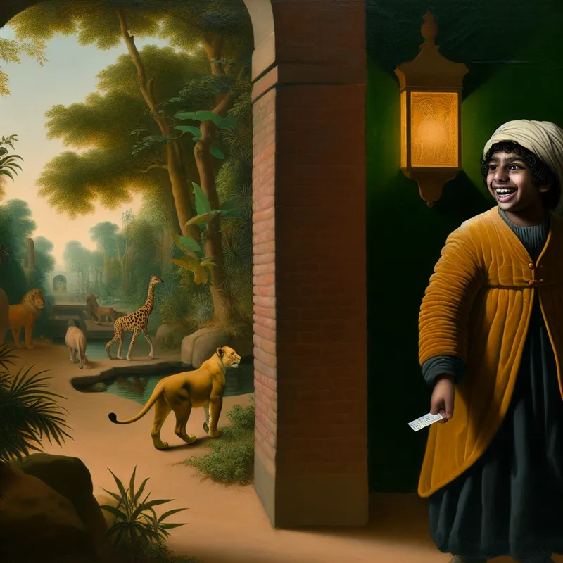 Jongen geniet van een dag in de dierentuin als beloning voor zijn prestatie, Vermeer-stijl schilderij