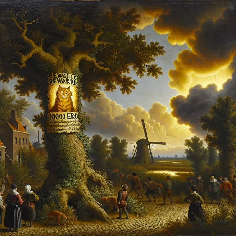 17e-eeuws Nederlands landschap met dorpsplein waar een beloning van 1000 euro wordt uitgeloofd voor een vermiste oranje kat, geschilderd in de stijl van Jacob van Ruisdael